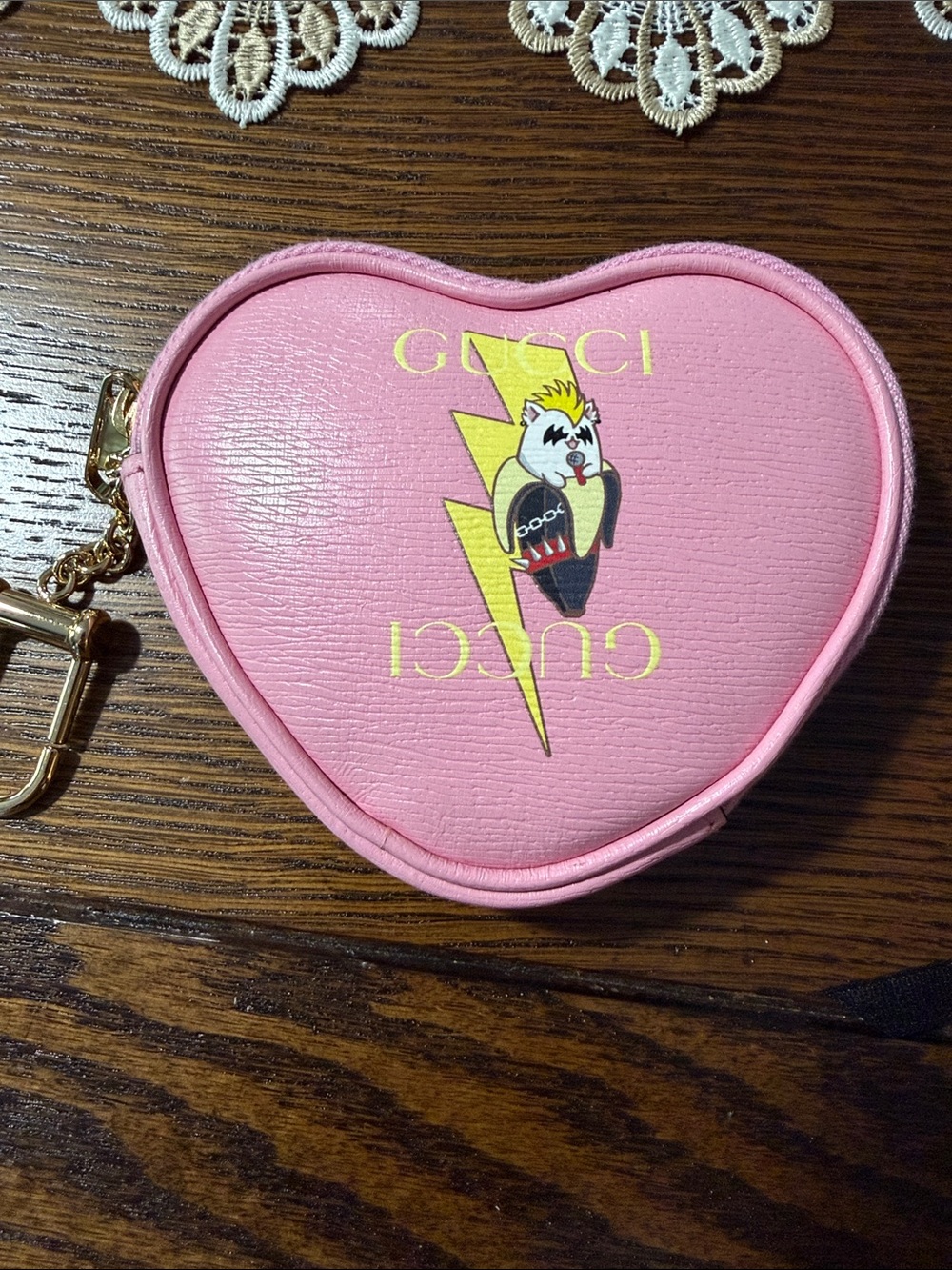 Gucci Pink Heart Coin Pouch with Yellow Lightning Graphic